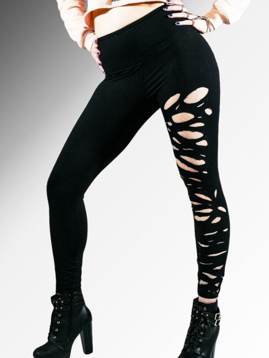 Black Ripped Leggings With Cutouts, Pirate Sword Slashed