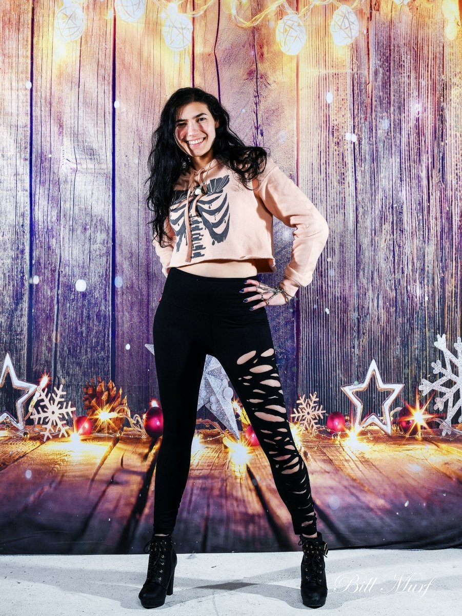 Black Ripped Leggings With Cutouts, Pirate Sword Slashed - finbadd